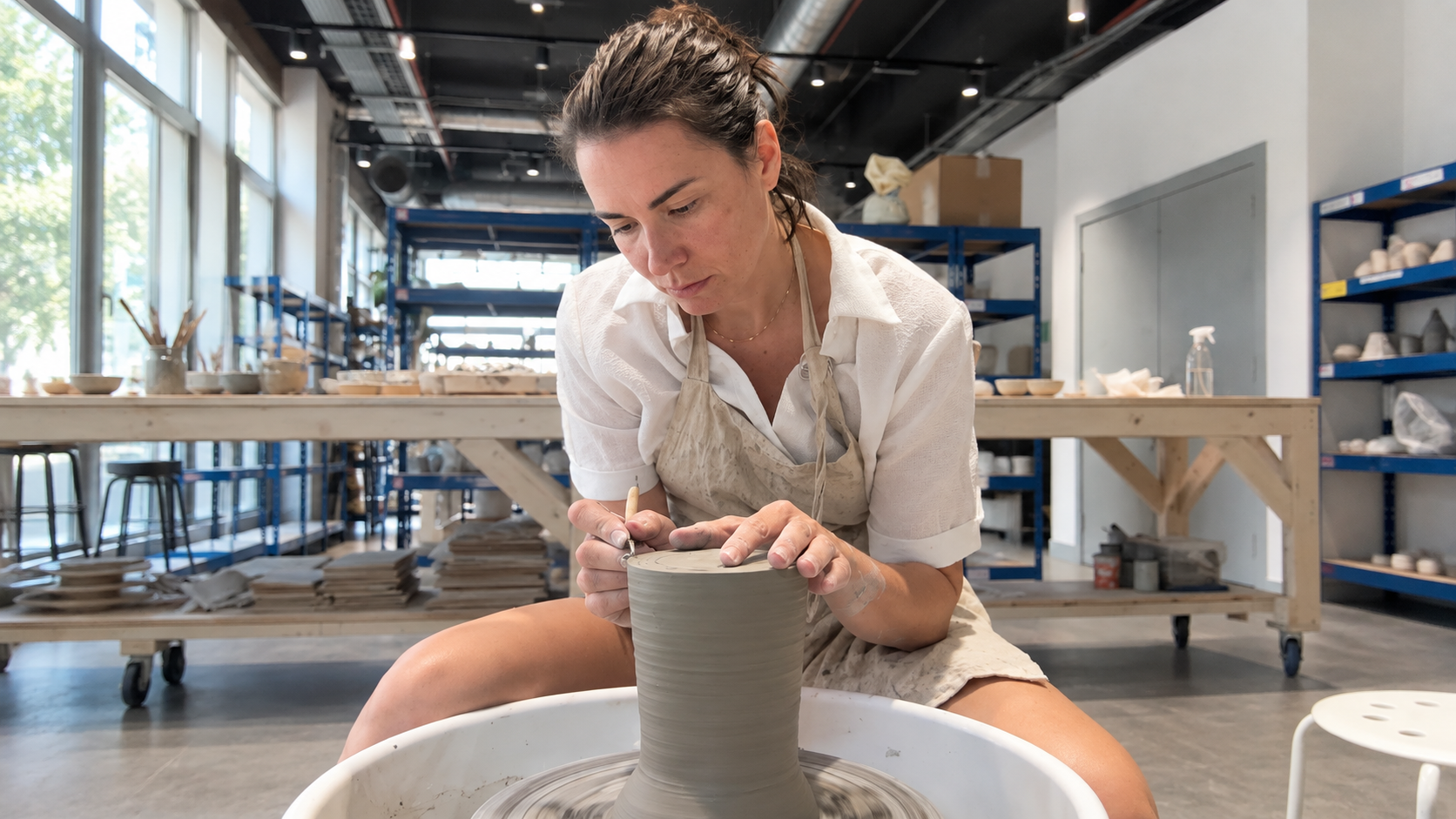 Kimberley shaping clay at a pottery wheel in the studio